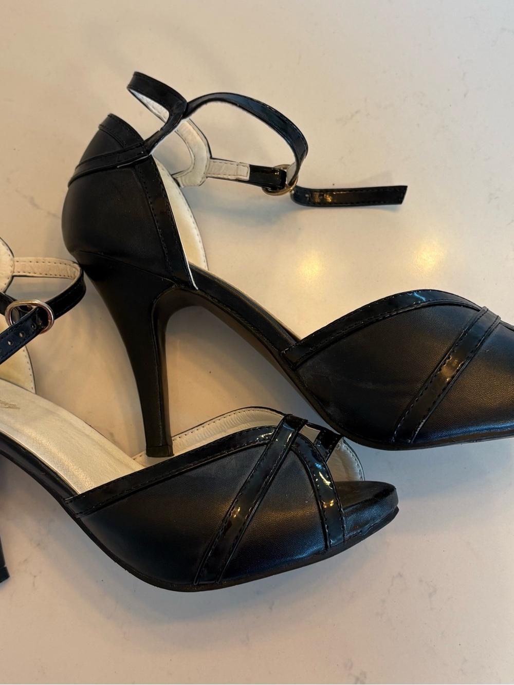Getmorebeauty black peep toe ankle strap heels size 40/ US 9 patent leather mix